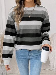 SHEIN LUNE 女款韓式條紋印花拼接配色長袖運動衫 - 白色 - 查看 1