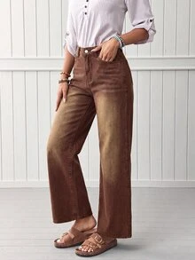 SHEIN Tall 女款直筒寬鬆休閒百搭牛仔褲，附口袋 - 咖啡棕 - 查看 6