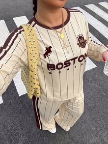 SHEIN EZwear 大尺碼女款字母條紋長袖T恤與長褲休閒兩件套秋季 - 彩色 - 查看 3
