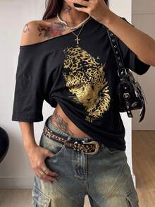 StreetHx Women's Short Sleeve Off-Shoulder OVT Loose Fit T-Shirt - Black - View 3