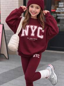 青少年女孩時尚復古純色酒紅，極簡百搭 NYC 字母印花休閒抓絨圓領套頭衛衣與內搭褲 2 件套，新風格適合秋冬日常、外出、校園 - 彩色 - 查看 1