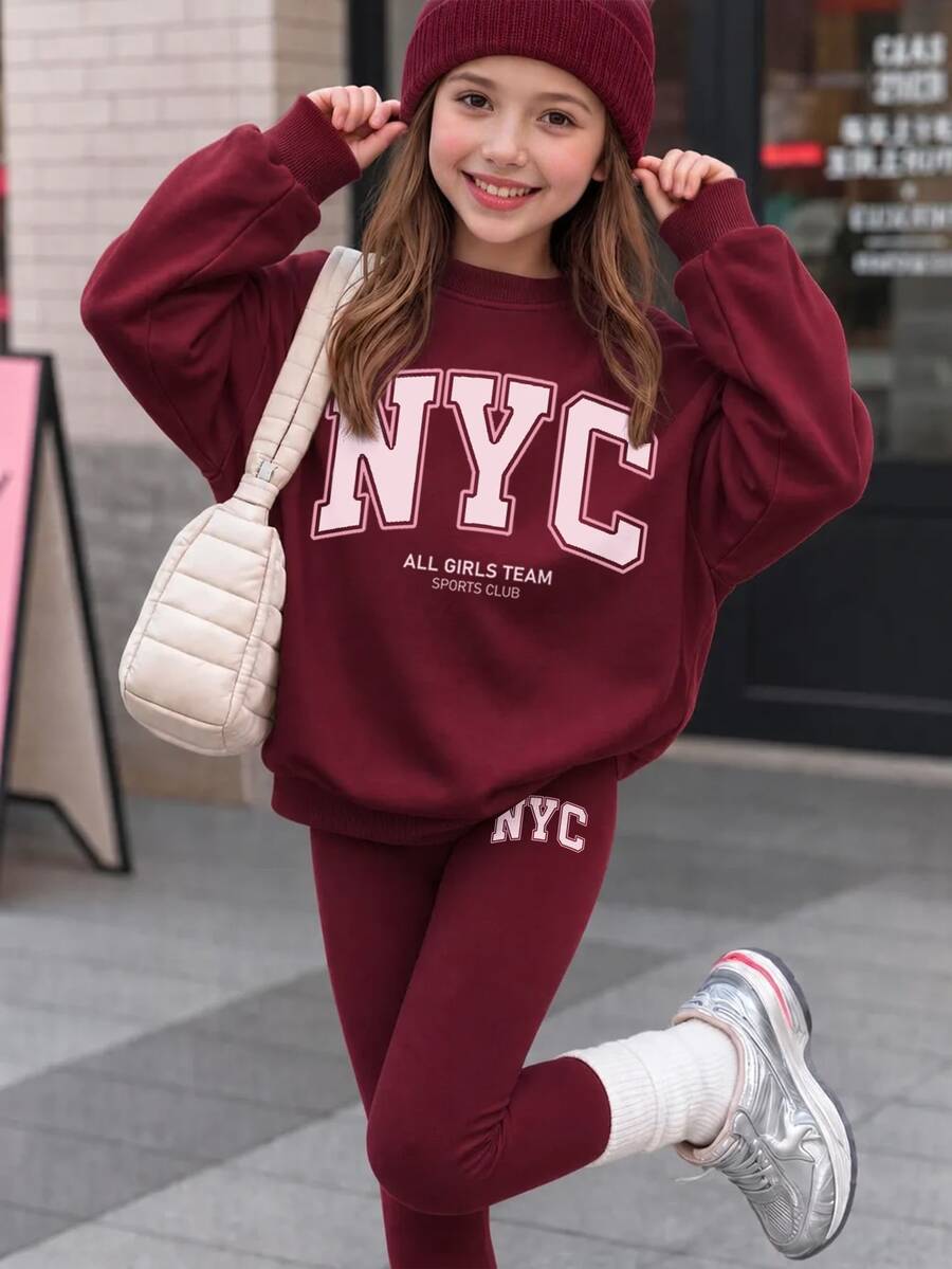 青少年女孩時尚復古純色酒紅,極簡百搭 NYC 字母印花休閒抓絨圓領套頭衛衣與內搭褲 2 件套,新風格適合秋冬日常、外出、校園 - 彩色 - 查看 1
