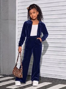 SHEIN 青少年女孩天鵝絨連帽開襟衫與長褲運動休閒套裝 - 藍色 - 查看 4