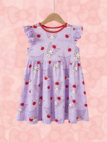 HELLO KITTY AND FRIENDS | SHEIN Young Girl Cartoon Cherry Print Round Neck Flutter Sleeve Cute Dress - Purple - View 3