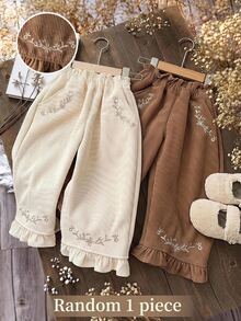 Quần dài bé gái phong cách vintage thêu họa tiết, có túi và gấu bèo nhún - Cà phê nâu - Xem 1