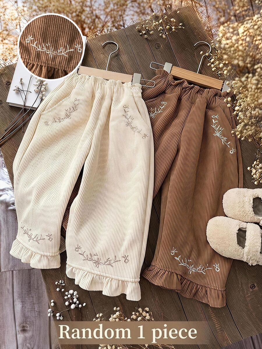 Quần dài bé gái phong cách vintage thêu họa tiết, có túi và gấu bèo nhún - Cà phê nâu - Xem 1