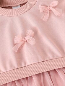 SHEIN Glamorique Kids 女童單件蝴蝶結裝飾圓領長袖網紗下擺洋裝，清新優雅、甜美可愛，適合秋冬穿著 - 粉色 - 查看 5