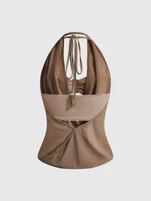 ROMWE Hippie Women's Y2K Back To School Deep Draped Neck Vintage Cowl Backless Street Style Halter Tank Top (Includes Bandeau Inner) - Gold - View 3
