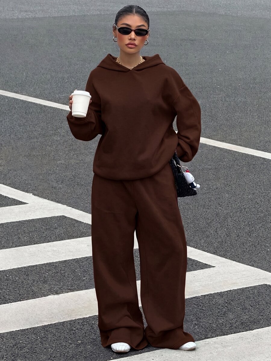 Muchica 休閒極簡風女款兩件套,秋冬女款帽 T 與運動長褲套裝,適合秋冬,百搭,適合日常穿著 - 棕色 - 查看 1