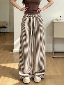 SHEIN Girls' Single Piece Vintage Vertical Striped Wide Leg Pants, High Waist Drawstring Elastic Waist Drapey Loose Casual Straight Leg Long Pants - White - View 3