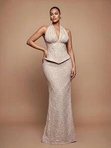 Vowa Plus Size Elegant Romantic Champagne Halter Neck Ruched Fishbone Pleated Waistband Bodycon Bodycon Back Slit Evening Gown For Wedding Party Celebration Formal Event Dinner (Intricate Design) - Champagne - View 1