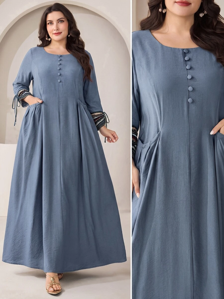 Al Najma Plus Size Women Solid Color Pleated Casual Party Arabian Dress - Dusty Blue - View 1