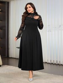Modelyn 2026 Autumn/Winter Plus Size Women's Fashion Elegant X-Silhouette Off-Shoulder Long Sleeve Lace Patchwork Evening Dress For Holiday Occasions - Black - View 7