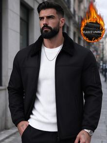 Manfinity Homme Thermal Lined Men's Letter Print Zip-Up Long Sleeve Jacket - Black - View 6
