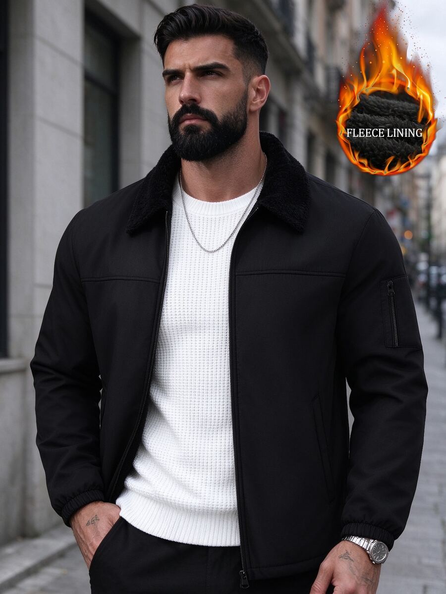 Manfinity Homme Thermal Lined Men's Letter Print Zip-Up Long Sleeve Jacket - Black - View 1