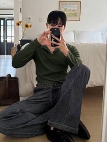 DAZY 男士白色羅紋布料長袖圓領半鈕扣素色T恤 秋季 - 軍綠色 - 查看 3