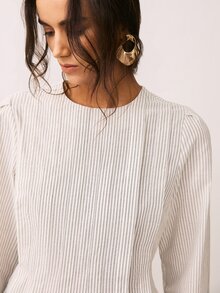 ATUI Studio Women's Striped Round Neck Long Sleeve Pleated Design Casual Shirt - Black and White - View 5