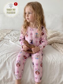 女童蝴蝶結印花長袖上衣與長褲修身套裝，秋冬居家休閒服 - 彩色 - 查看 7