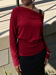 INAWLY Solva Women's Solid Color Asymmetrical Shoulder Long Sleeve Fashion Elegant Top - Burgundy - View 3