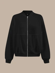SHEIN BASICS 女款簡約百搭長袖拉鍊夾克 - 黑色 - 查看 3