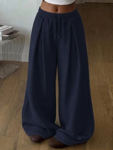 SHEIN 青少年女孩純色抽繩腰休閒百搭日常穿著長褲童裝 - 藍色 - 查看 3