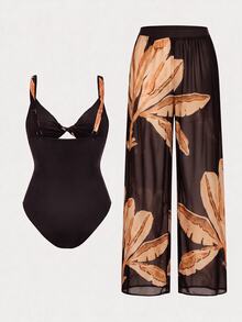 Swim Oasis Deep Brown Floral Print One-Piece Swimsuit And Long Pants 2-Piece Set, Elegant And Exquisite For Women, Beach Vacation, Hot Spring Swimwear Outfit - Multicolor - View 8