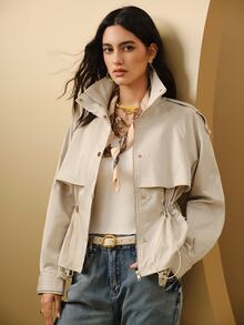 Anewsta Women's Spring/Autumn New Quiet Luxury Style Casual Commute Minimalist Versatile Stand Collar Metal Snap Button Waist Drawstring Adjustable Slimming Design Back Lace Patchwork Raglan Sleeve Long Sleeve Cropped Trench Coat Jacket - Khaki - View 3