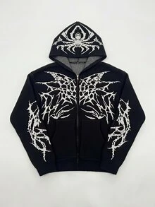 ROMWE Goth Women Abstract Graphic Contrast Zip-Up Hooded Knit Cardigan, Drop Shoulder Y2K Streetwear Sweater - Black - View 2