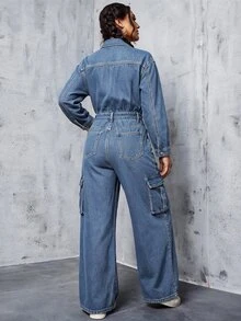 Rivivi Women's Casual Denim Jumpsuit With Pockets For Daily Wear - Blue - View 6