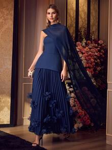 MOTF Soiréza ELEGANT NAVY BLUE STRAPLESS MAXI DRESS WOMEN 3D FLOWER CHIFFON LACE UP BACK EVENING GOWN - Navy Blue - View 2