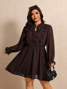Elaquor Plus Size Women's Solid Color Ruffle Hem Casual Party Dress - Brown - View 5