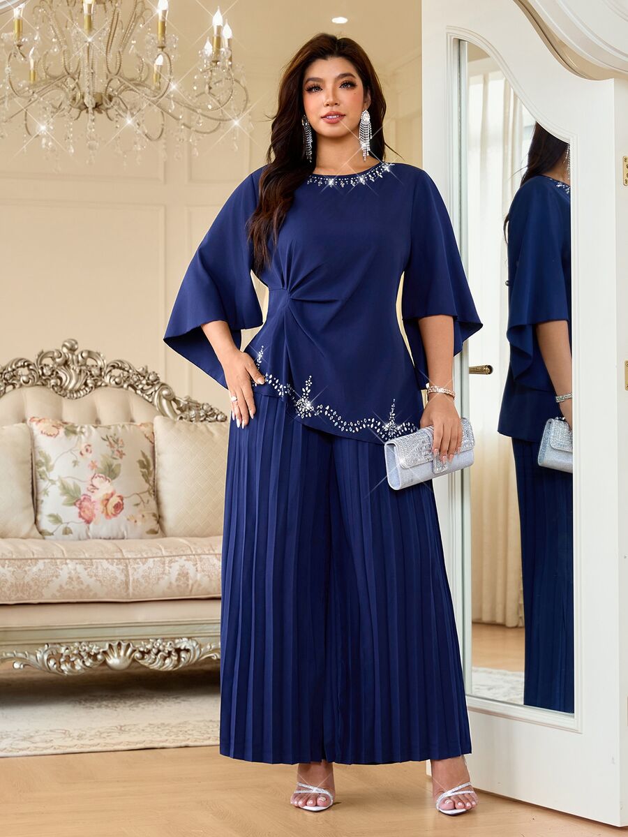 Reflora Rhinestone Round Neck Twisted Asymmetric 3/4 Sleeve Top / Pleated Loose Elastic Waist Pants Plus Size 2 Pieces Set - Blue - View 1