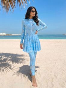 Swim Shayni Zipper Elegant Casual Conservative Women's Burkini Swimsuit Set, Suitable For Beach And Seaside Vacation - Baby Blue - View 1
