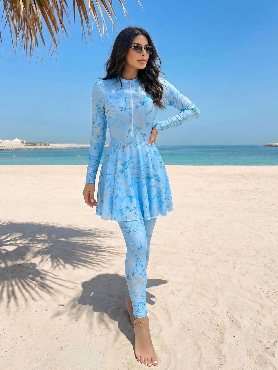 Swim Shayni Zipper Elegant Casual Conservative Women's Burkini Swimsuit Set, Suitable For Beach And Seaside Vacation - Baby Blue - View 1