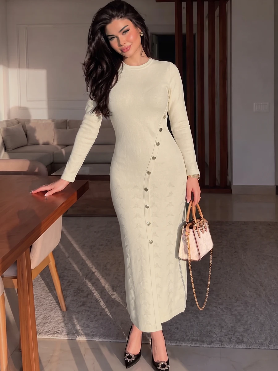 Modelyn Women's Designer Button-Front Round Neck Long Sleeve Dress, Autumn/Winter - Apricot - View 1