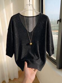 SHEIN 新款春夏秋冬亮眼 Lurex 針織斜裁 V 領上衣 女款 落肩七分袖收口袖口 - 黑色 - 查看 6