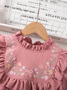 SHEIN 少女花卉刺繡荷葉領長袖可愛洋裝 - 粉色 - 查看 4