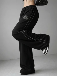 FRIFUL Women's Casual Letter Drawstring Loose Sweatpants - Black - View 6