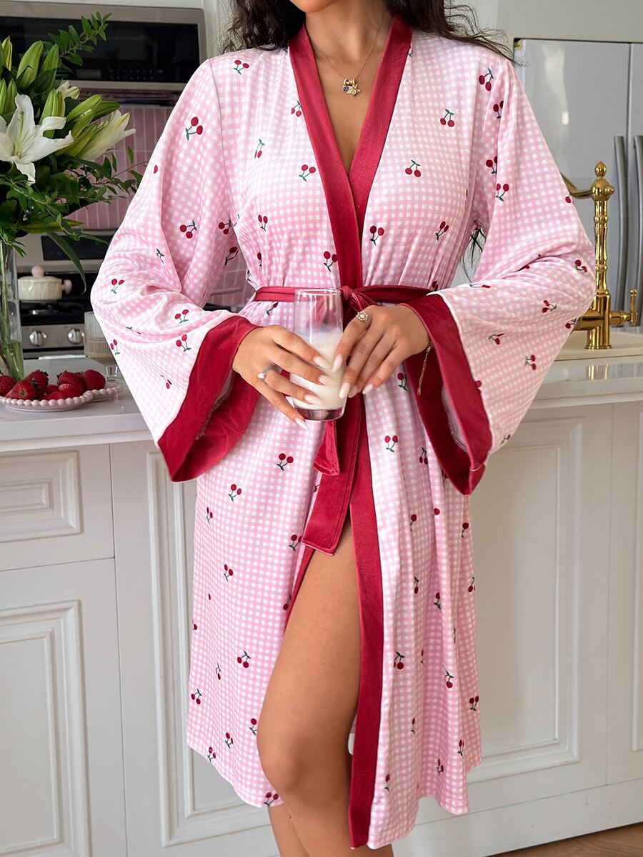 SweetSlumber Sweet Cute Contrast Color Cherry Plaid Print Contrast Color Tie Comfortable Velvet Women's Robe - Pink - View 1