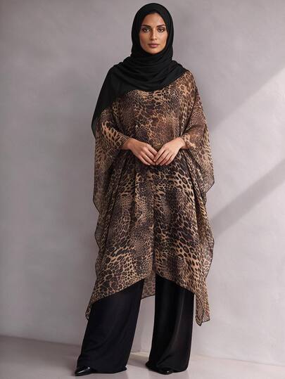 Linhara CURVE Women's Leopard Print Chiffon Long Top, Deep V-Neck Cover Up, Wide Leg Pants, Formal, French Elegant Plus Size Two Pieces Set Brown Black