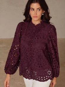 BELROSIE 夏季新款法式風情高級休閒復古優雅重工刺繡鏤空百褶泡泡長袖襯衫，適合早午餐茶會，丁香紫 - 酒紅色 - 查看 3
