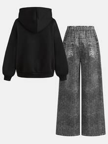 Tween Girl Black English Letter Star Flower Print Sweatshirt And Pants 2 Pieces Set - Black - View 2