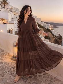 SHEIN VCAY Plus Size Women's Solid Color Notch V-Neck Bell Sleeve Elegant Dress - Coffee Brown - View 2