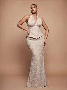 Vowa Plus Size Elegant Romantic Champagne Halter Neck Ruched Fishbone Pleated Waistband Bodycon Bodycon Back Slit Evening Gown For Wedding Party Celebration Formal Event Dinner (Intricate Design) - Champagne - View 5