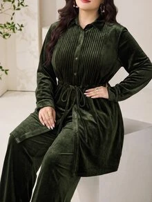 Modelyn Plus Size Women Solid Color Pleated Long Sleeve Top And Pants Casual Daily 2 Pieces Set - Olive Green - View 5