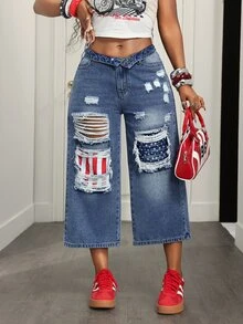 Jeanoix Petite Women's Distressed Pocket Loose Y2K Denim Capris - Medium Wash - View 3