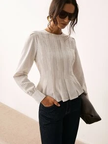 ATUI Studio Women's Striped Round Neck Long Sleeve Pleated Design Casual Shirt - Black and White - View 7