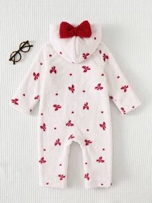 SHEIN Baby Girl Casual Comfortable Daily Versatile Fuzzy Bowknot Pattern Hooded Romper - White - View 2