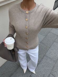 Siren Gaze Cardigan Rajut Lengan Panjang Kancing Gaya Vintage Wanita - Aprikot - View 5