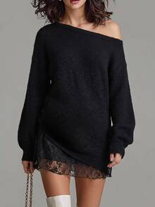 LUMIGAL Women's Fall Black Fuzzy Sweater Dress, Cold Shoulder Loose Long Sleeve Lace Hem Pullover, Suitable For Dating, Street Style Sexy Night Out Date Night - Black - View 7